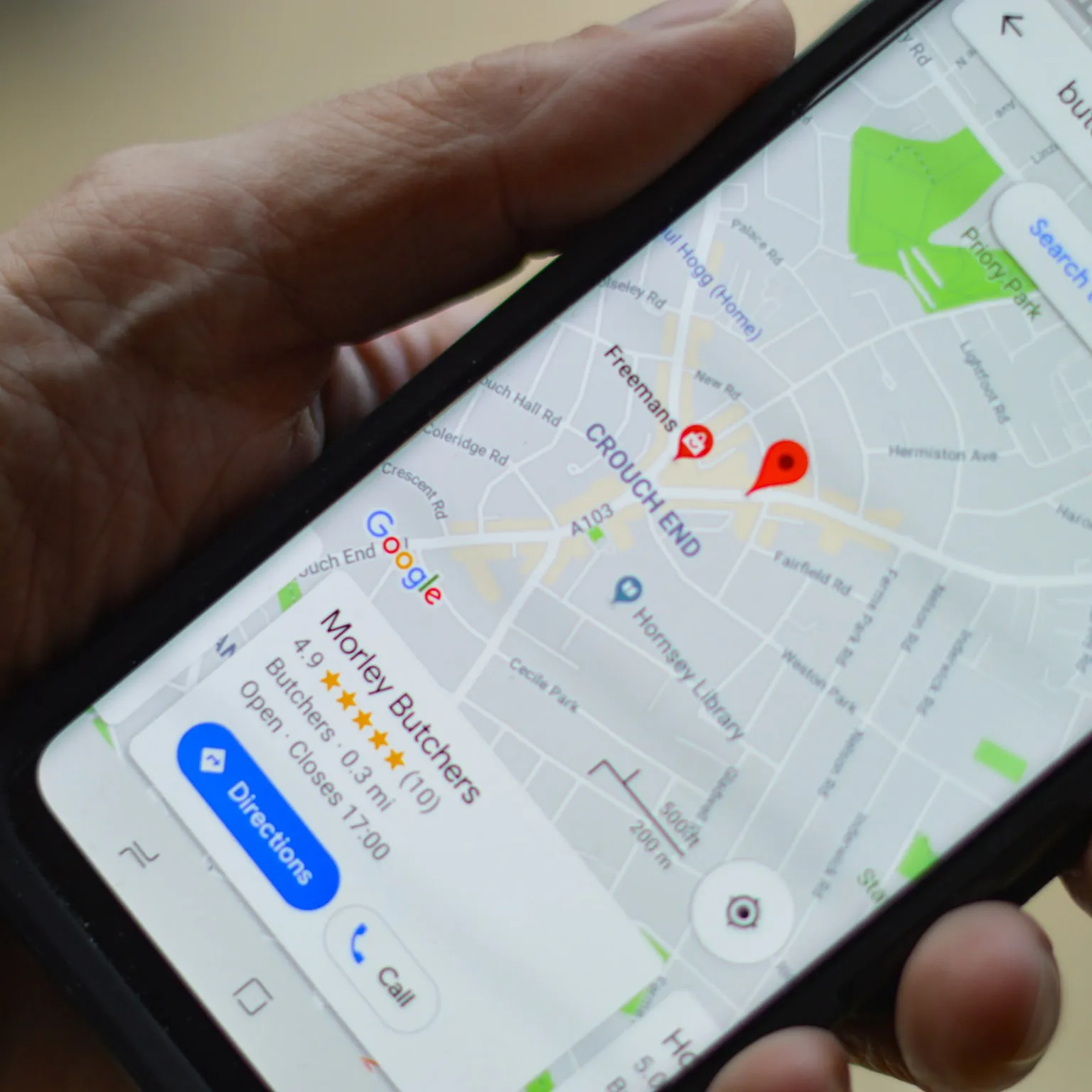 A local company in the map results, the call button right there on the screen.